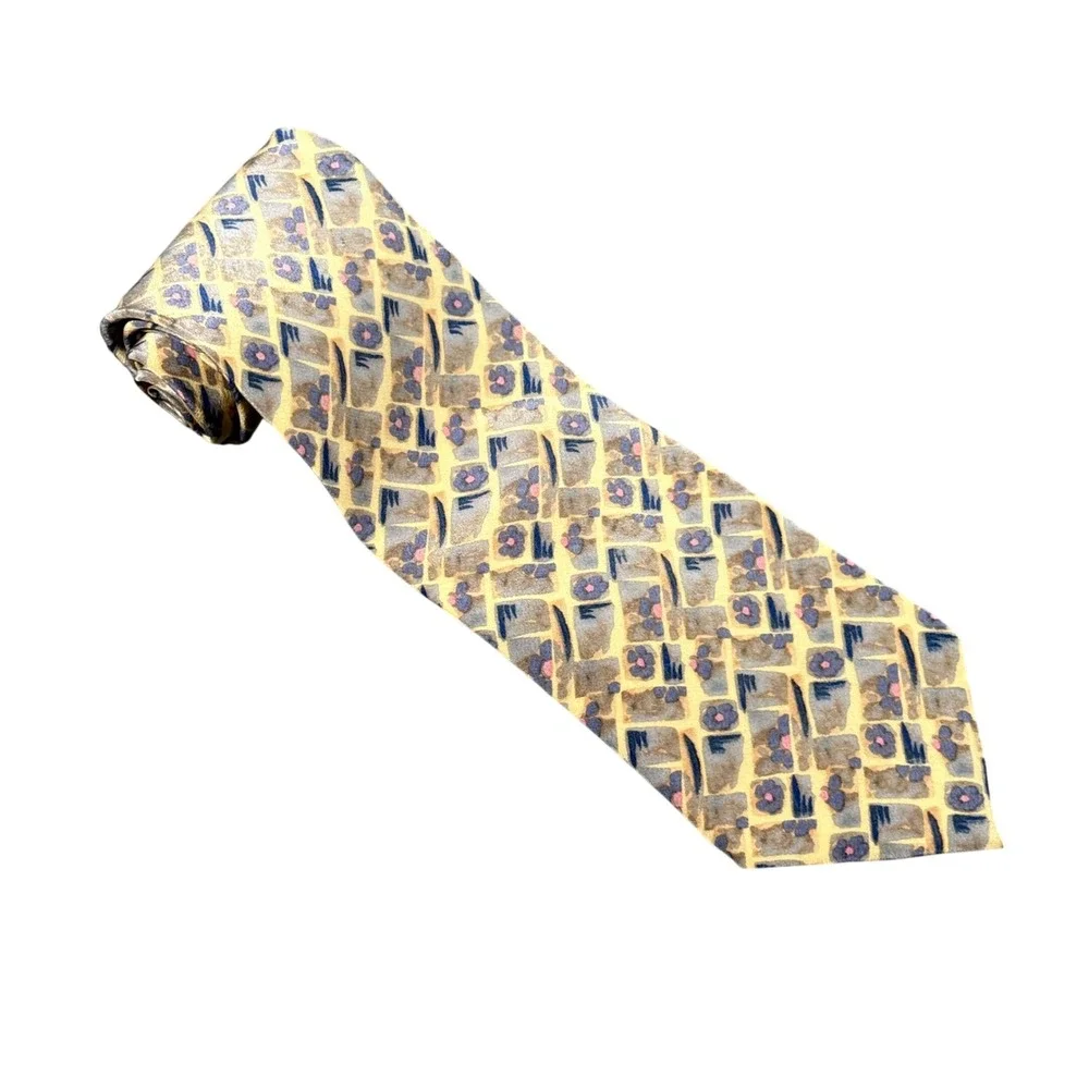 J. Garcia Mens‎ Silk Necktie Abstract Floral Geometric Yellow Blue Tie 100% Silk